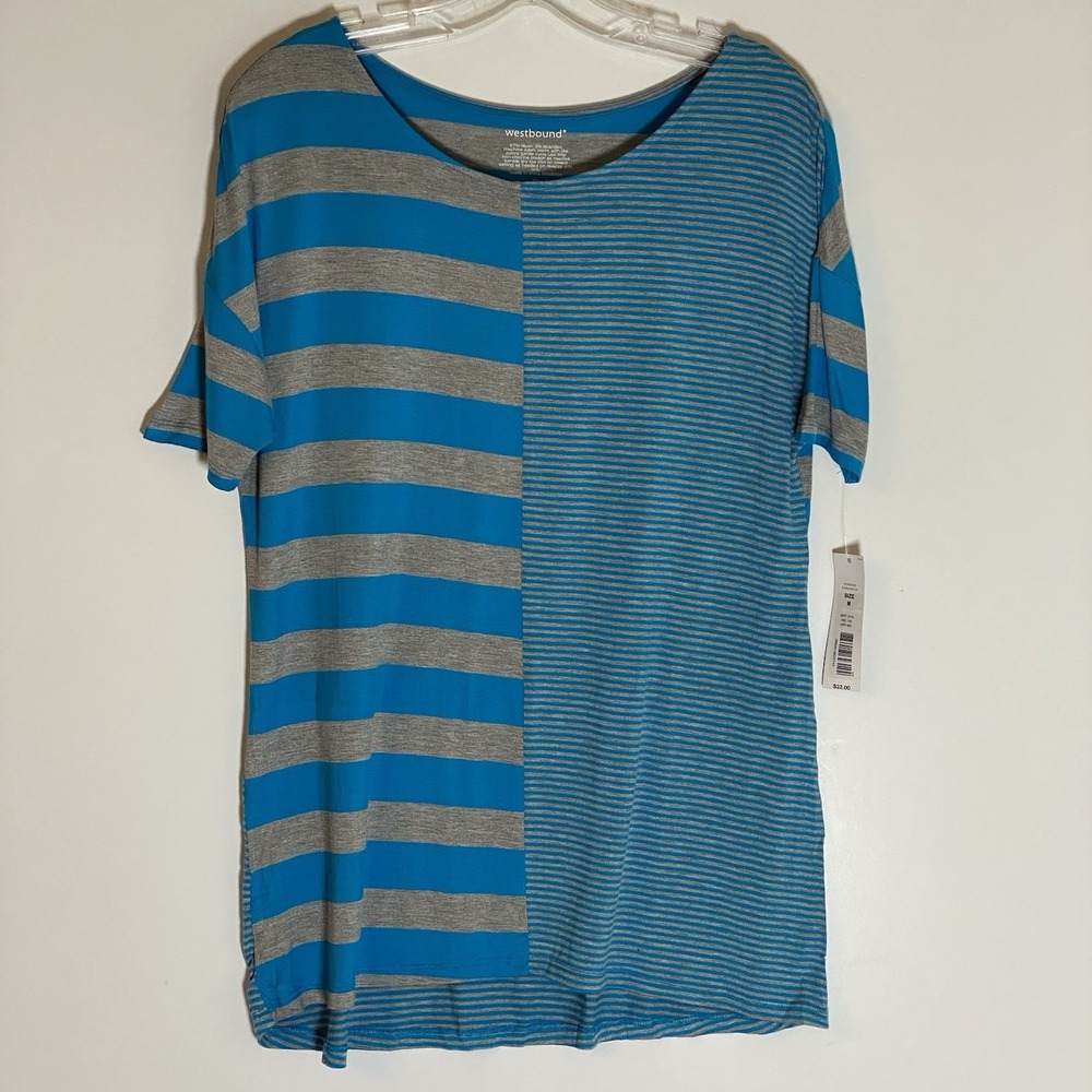 Westbound Top Womens Medium Blue Gray Striped Colorblock Patchwork Knit Stretch